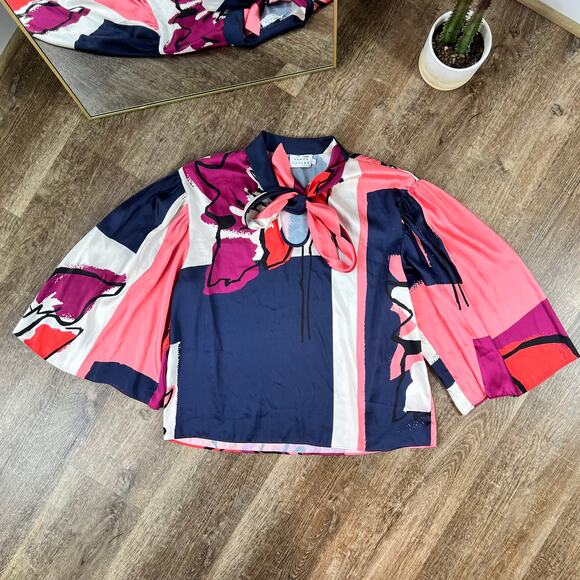 Tanya Taylor Avril Top Floral Satin Polyester Neck Tie Blouse - Picture 2 of 13